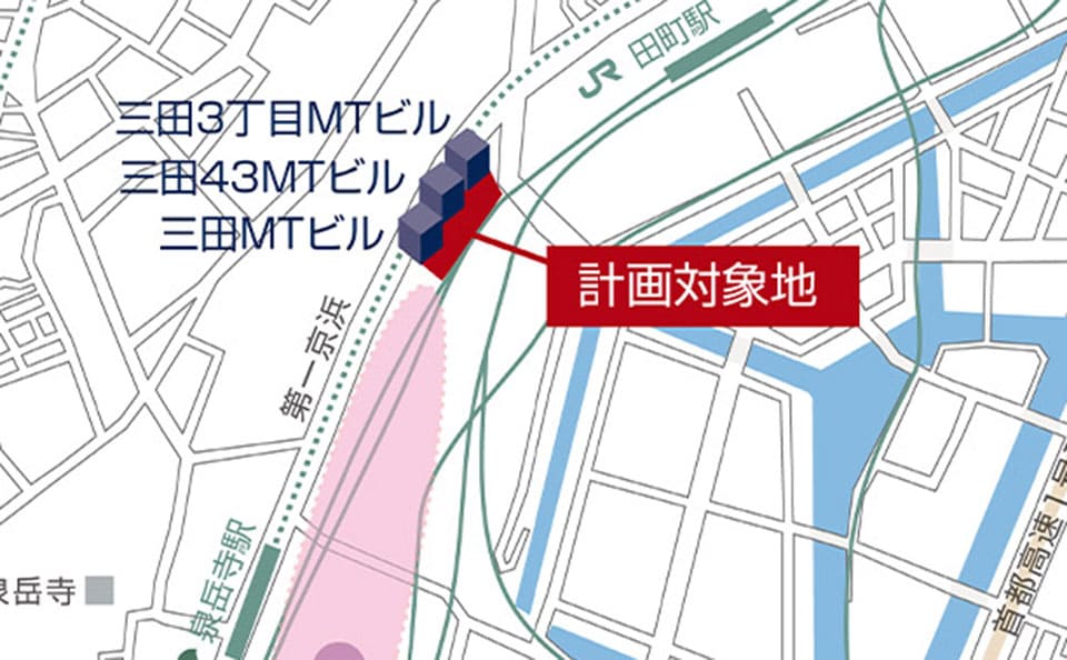 品川・三田エリアに保有するビル3棟の一体再開発計画